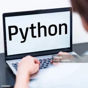 Laptop display showing Python as the focus of upcoming Python interview questions.